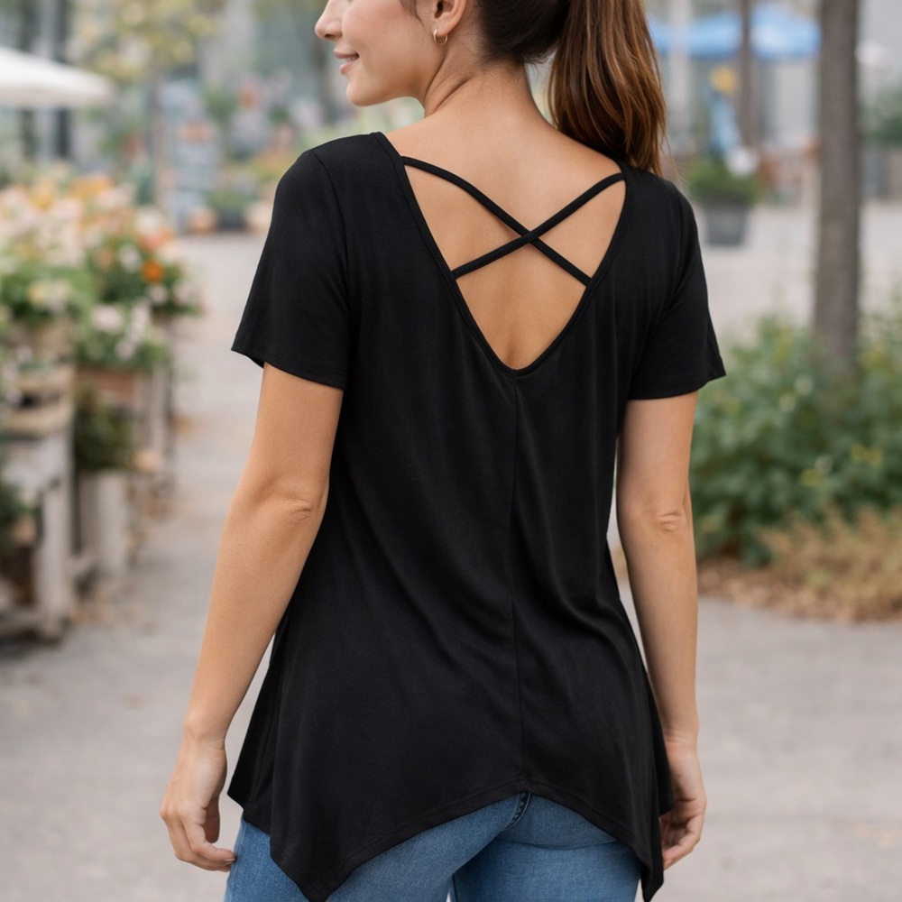 P.Inc Black Cross Back Top Short Sleeve Asymmetrical Hem Soft Stretch Large